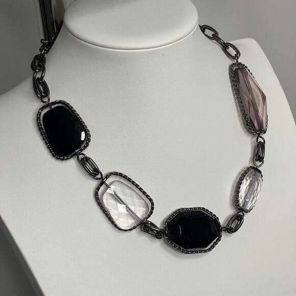 chunky chain link necklace black gray clear faux jewels in silver tone setting - Picture 2 of 10